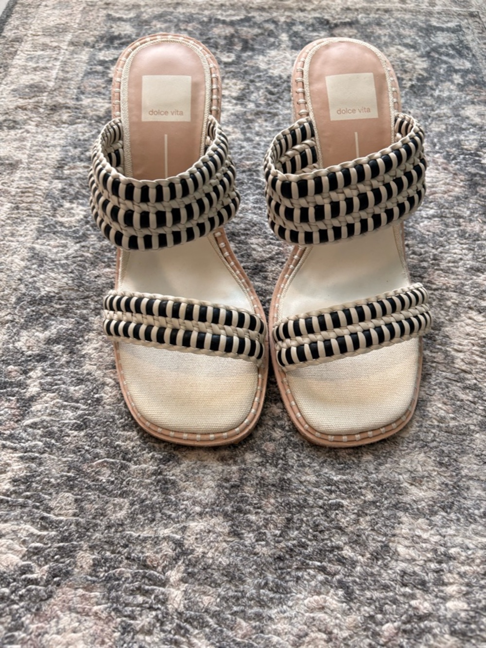 Dolce Vita Black and Beige Braided Double-Strap Slide Sandals